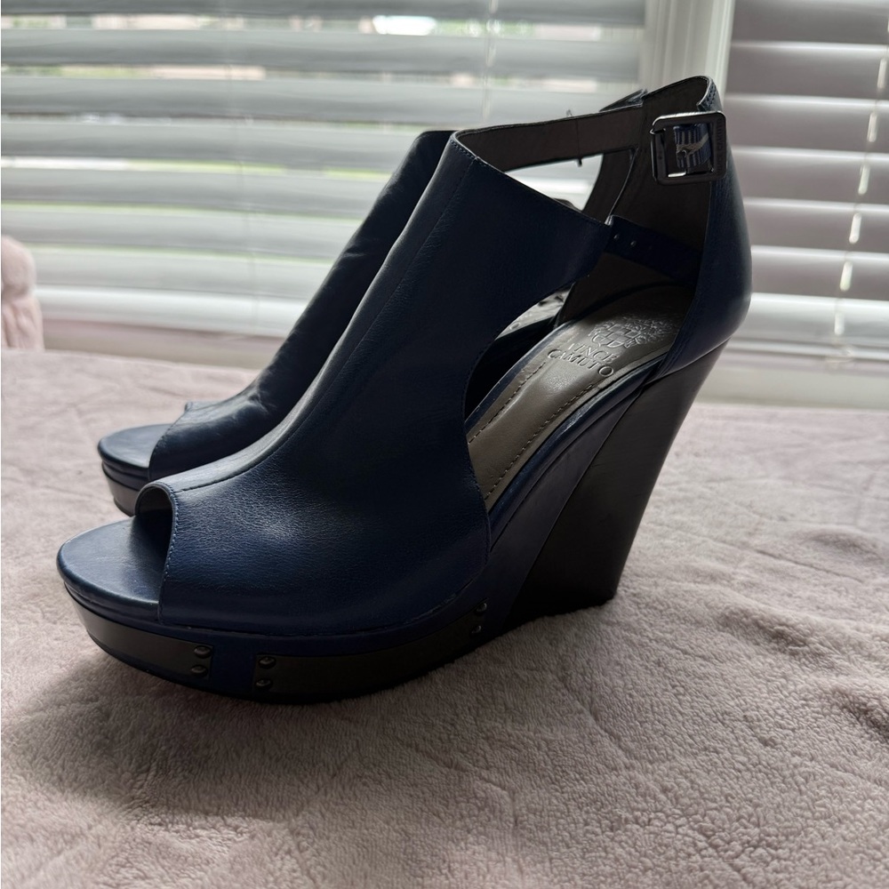 Vince Camuto Blue Leather Wedge Sandals
